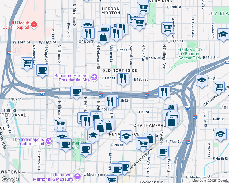 map of restaurants, bars, coffee shops, grocery stores, and more near 330 East 12th Street in Indianapolis