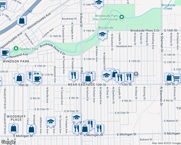 map of restaurants, bars, coffee shops, grocery stores, and more near 1115 North Oxford Street in Indianapolis