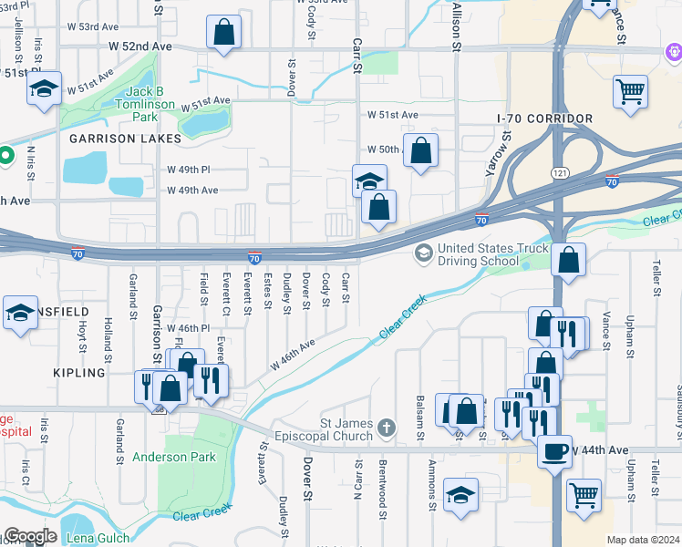 map of restaurants, bars, coffee shops, grocery stores, and more near 4777 Carr Street in Wheat Ridge
