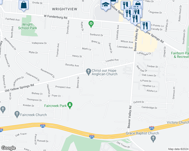 map of restaurants, bars, coffee shops, grocery stores, and more near 2701 Old Yellow Springs Road in Fairborn