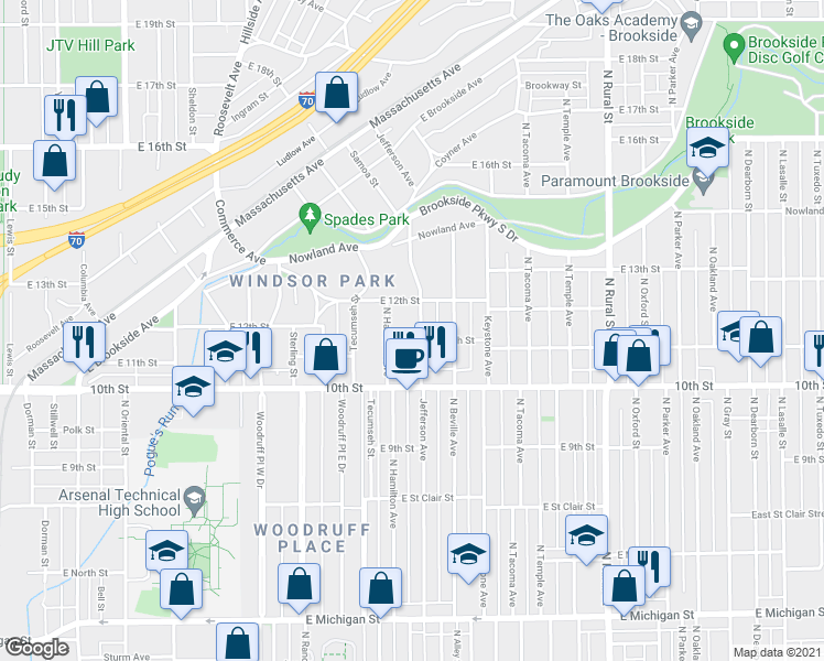 map of restaurants, bars, coffee shops, grocery stores, and more near 1110 Jefferson Avenue in Indianapolis