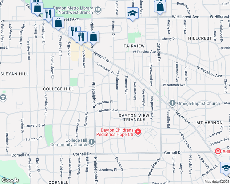 map of restaurants, bars, coffee shops, grocery stores, and more near 1930 Benson Drive in Dayton