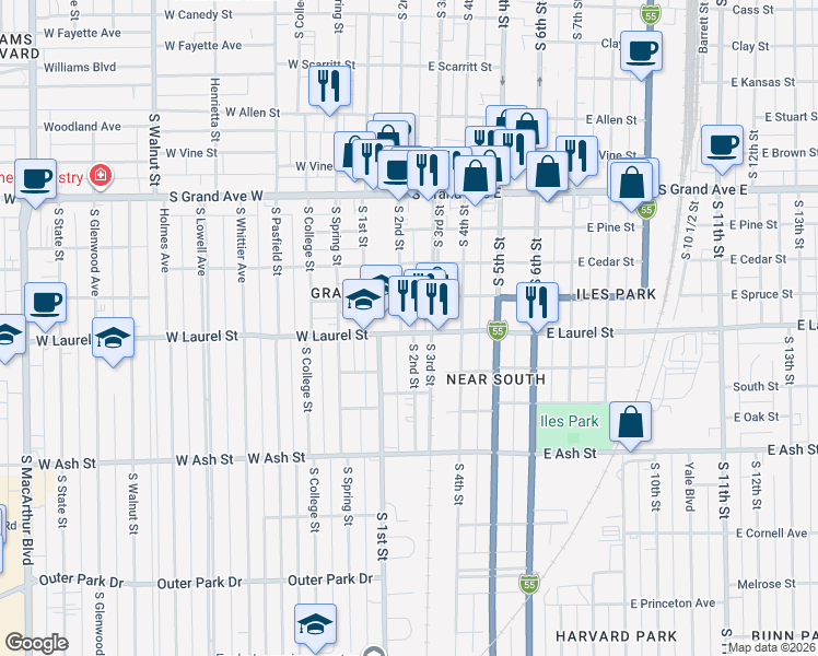 map of restaurants, bars, coffee shops, grocery stores, and more near 1628 South 2nd Street in Springfield
