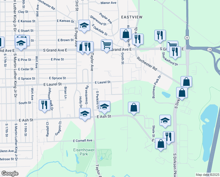 map of restaurants, bars, coffee shops, grocery stores, and more near 1813 Honeysuckle Court in Springfield