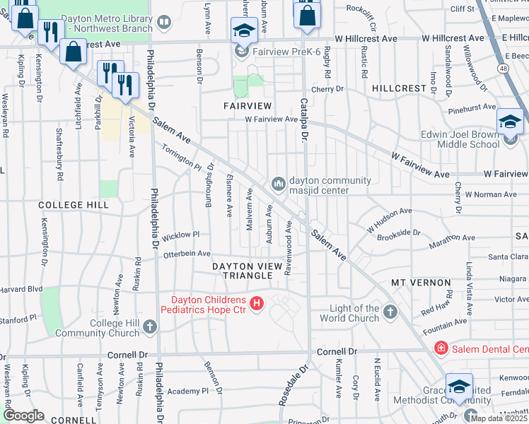 map of restaurants, bars, coffee shops, grocery stores, and more near 1931 Auburn Avenue in Dayton