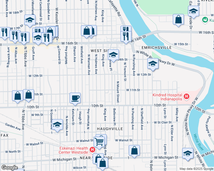 map of restaurants, bars, coffee shops, grocery stores, and more near 1117 King Avenue in Indianapolis