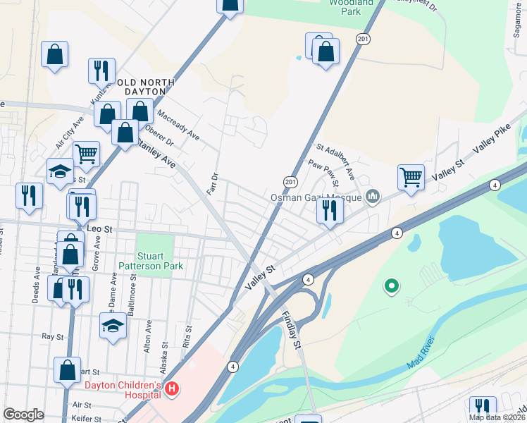 map of restaurants, bars, coffee shops, grocery stores, and more near 420 Ohio 201 in Dayton