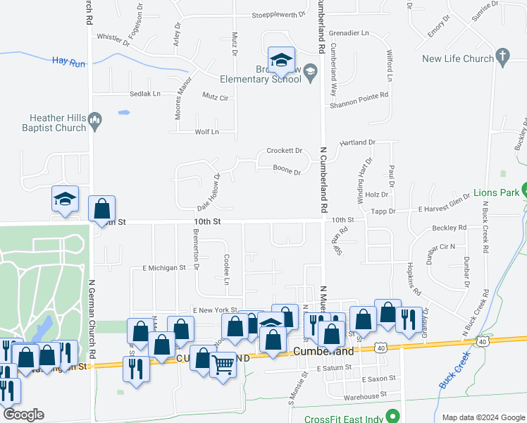 map of restaurants, bars, coffee shops, grocery stores, and more near 11510 East 10th Street in Indianapolis