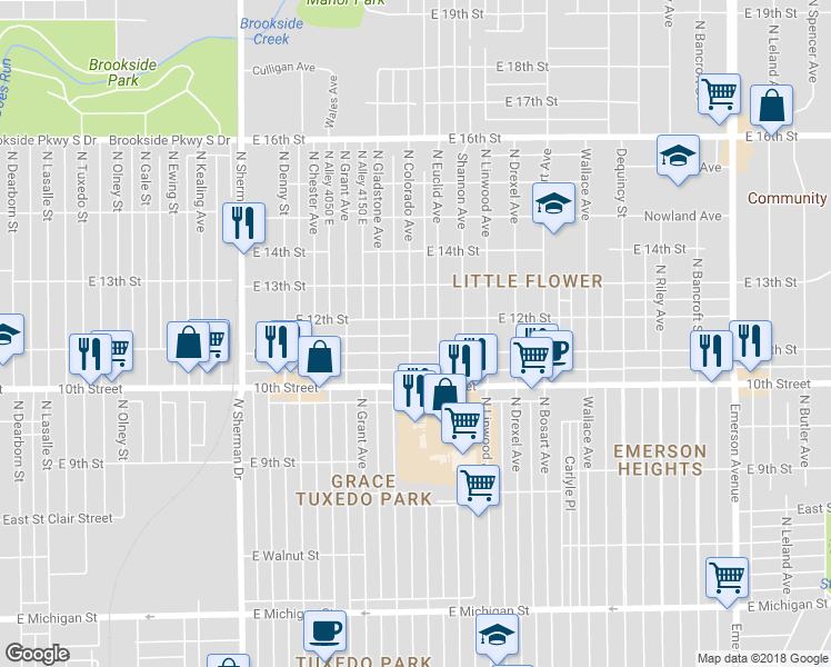 map of restaurants, bars, coffee shops, grocery stores, and more near 1121 North Colorado Avenue in Indianapolis