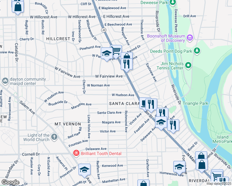 map of restaurants, bars, coffee shops, grocery stores, and more near 55 West Hudson Avenue in Dayton