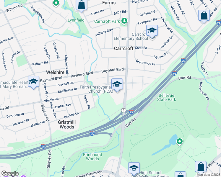 map of restaurants, bars, coffee shops, grocery stores, and more near 800 Hillside Boulevard in Wilmington