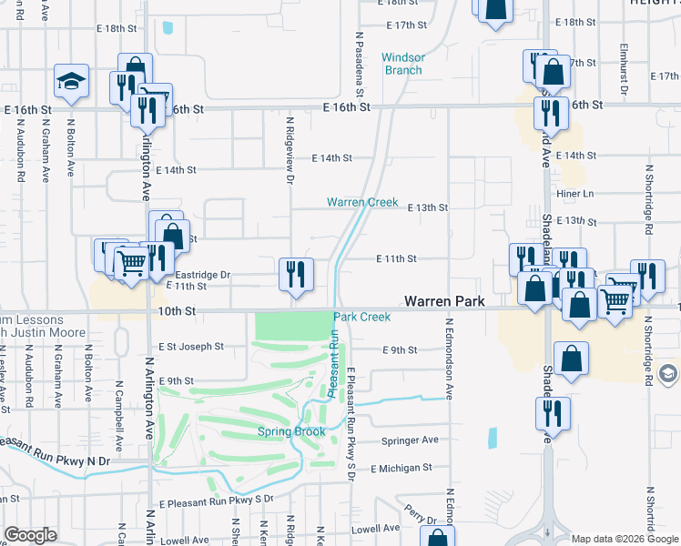 map of restaurants, bars, coffee shops, grocery stores, and more near 6695 East Pleasant Run Parkway South Drive in Warren Park