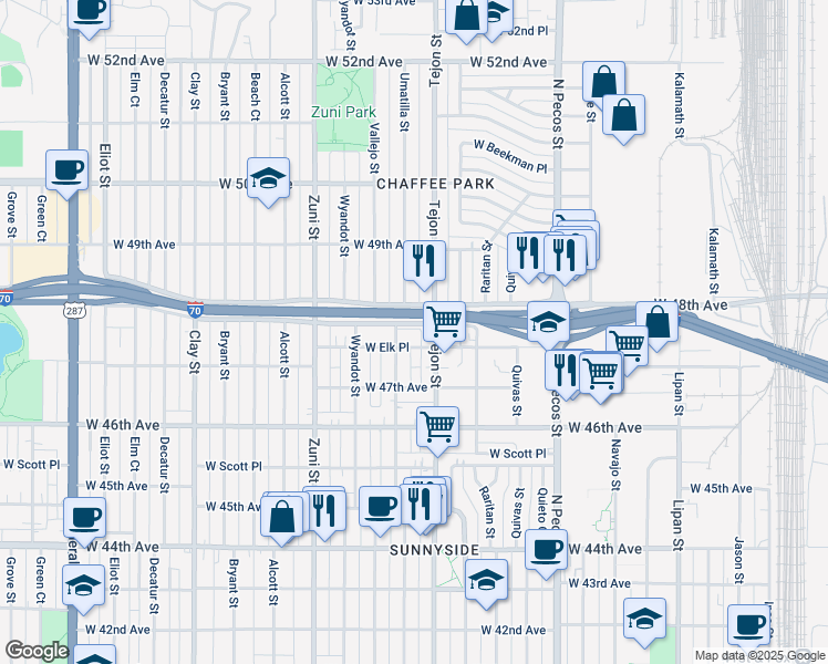 map of restaurants, bars, coffee shops, grocery stores, and more near 2102 West 48th South Drive in Denver