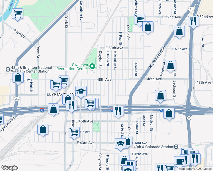 map of restaurants, bars, coffee shops, grocery stores, and more near 4773 Fillmore Street in Denver