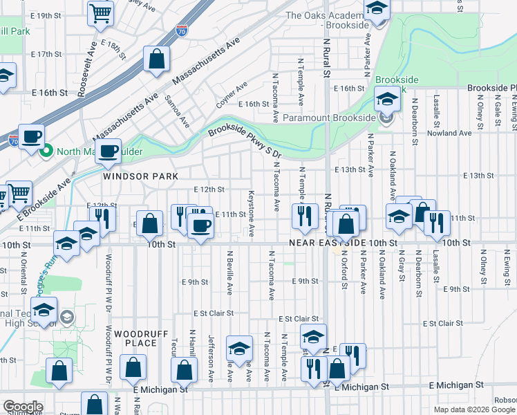 map of restaurants, bars, coffee shops, grocery stores, and more near 1117 Keystone Avenue in Indianapolis