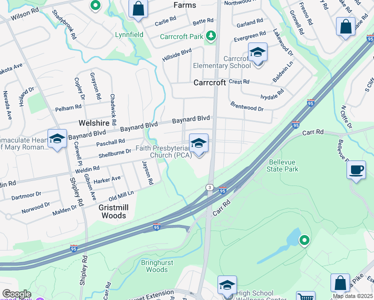 map of restaurants, bars, coffee shops, grocery stores, and more near 800 Hillside Boulevard in Wilmington