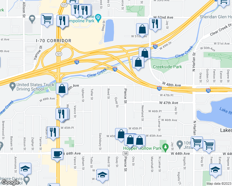 map of restaurants, bars, coffee shops, grocery stores, and more near 6914 West 48th Avenue in Wheat Ridge