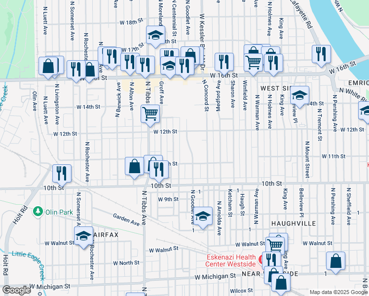 map of restaurants, bars, coffee shops, grocery stores, and more near 1134 North Goodlet Avenue in Indianapolis
