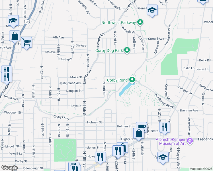 map of restaurants, bars, coffee shops, grocery stores, and more near 2002 East Highland Avenue in Saint Joseph