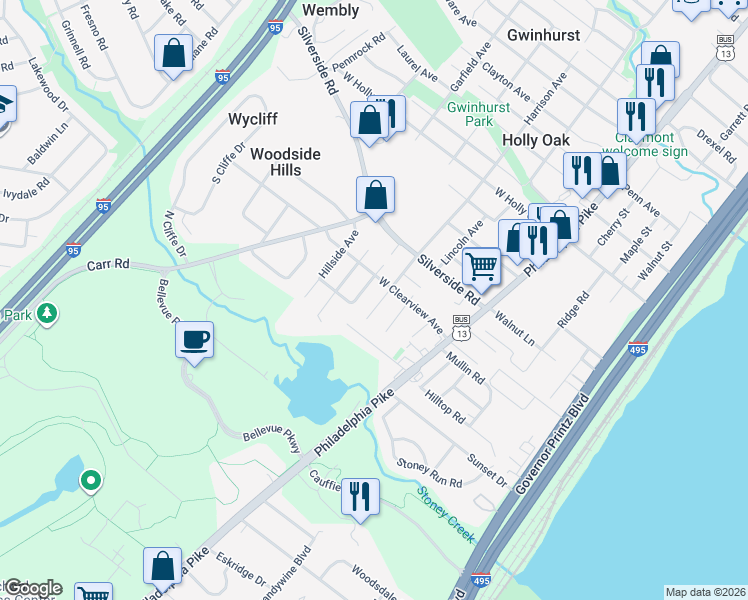 map of restaurants, bars, coffee shops, grocery stores, and more near 1207 Harrison Avenue in Wilmington
