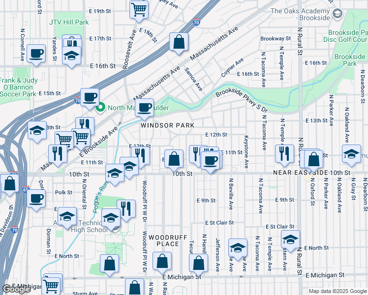 map of restaurants, bars, coffee shops, grocery stores, and more near 1126 Tecumseh Street in Indianapolis