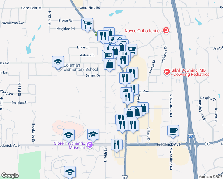 map of restaurants, bars, coffee shops, grocery stores, and more near 1602 North 36th Street in Saint Joseph