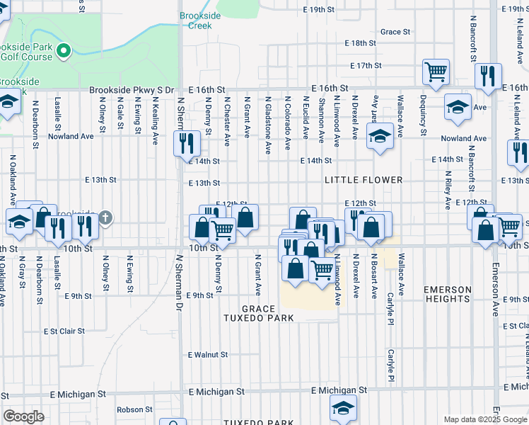 map of restaurants, bars, coffee shops, grocery stores, and more near 1160 North Gladstone Avenue in Indianapolis