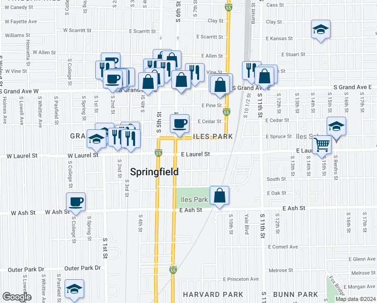 map of restaurants, bars, coffee shops, grocery stores, and more near 1731 South 7th Street in Springfield