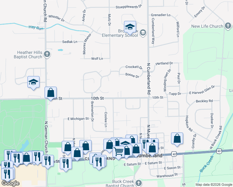 map of restaurants, bars, coffee shops, grocery stores, and more near 11454 East 10th Street in Indianapolis