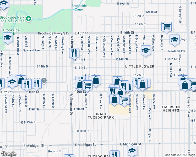 map of restaurants, bars, coffee shops, grocery stores, and more near 1121 North Grant Avenue in Indianapolis