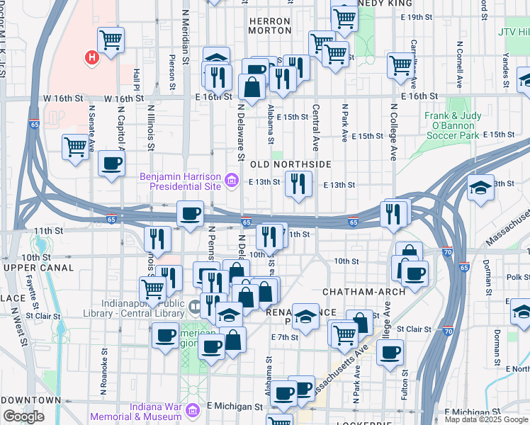 map of restaurants, bars, coffee shops, grocery stores, and more near 277 East 12th Street in Indianapolis