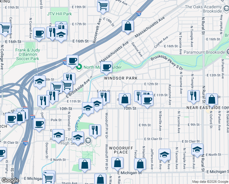 map of restaurants, bars, coffee shops, grocery stores, and more near 1119 Sterling Street in Indianapolis