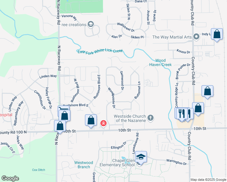 map of restaurants, bars, coffee shops, grocery stores, and more near 1305 Woodpointe Drive in Indianapolis