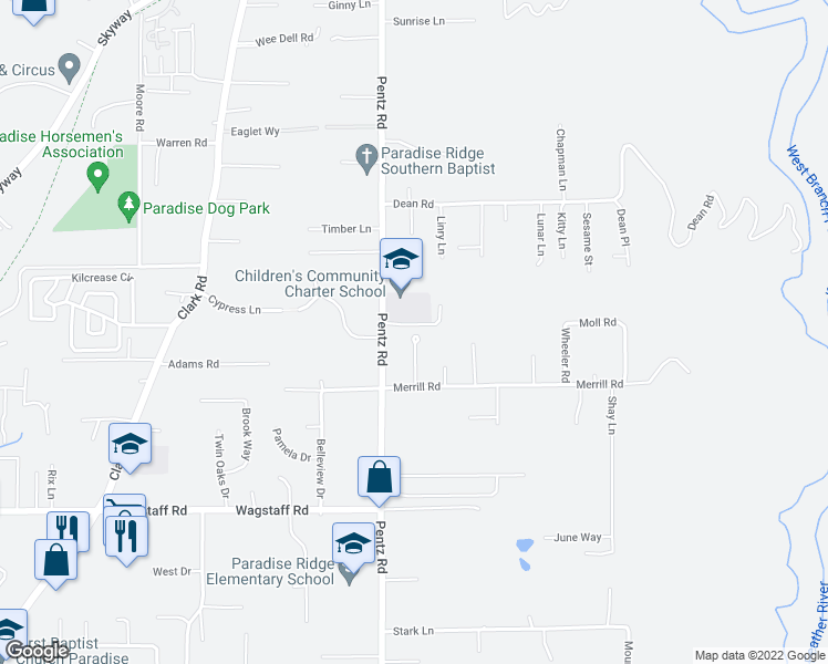map of restaurants, bars, coffee shops, grocery stores, and more near 6818 Rexdale Lane in Paradise