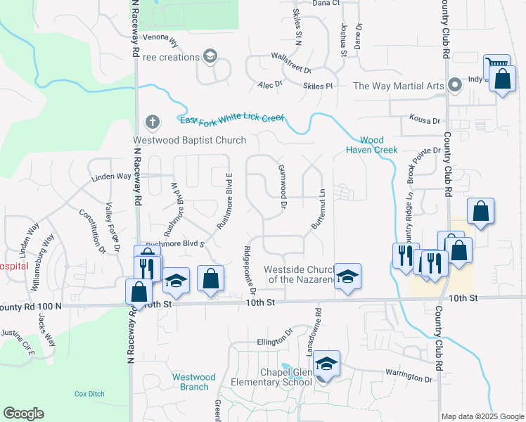 map of restaurants, bars, coffee shops, grocery stores, and more near 1305 Woodpointe Drive in Indianapolis