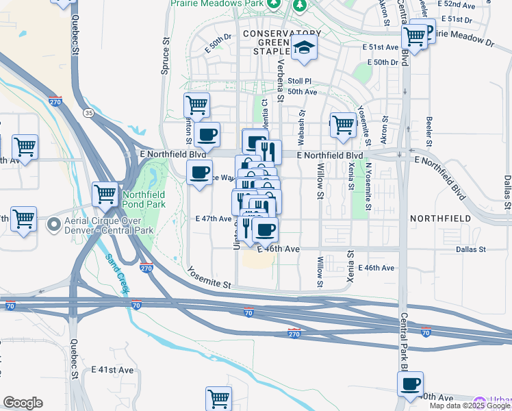 map of restaurants, bars, coffee shops, grocery stores, and more near 1345 Main Street in Denver