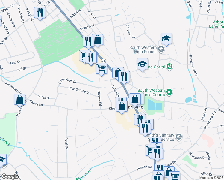 map of restaurants, bars, coffee shops, grocery stores, and more near 933 S Franklin St in Hanover