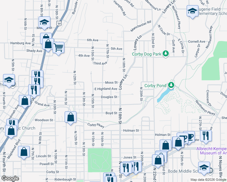 map of restaurants, bars, coffee shops, grocery stores, and more near 1712 North 17th Street in Saint Joseph