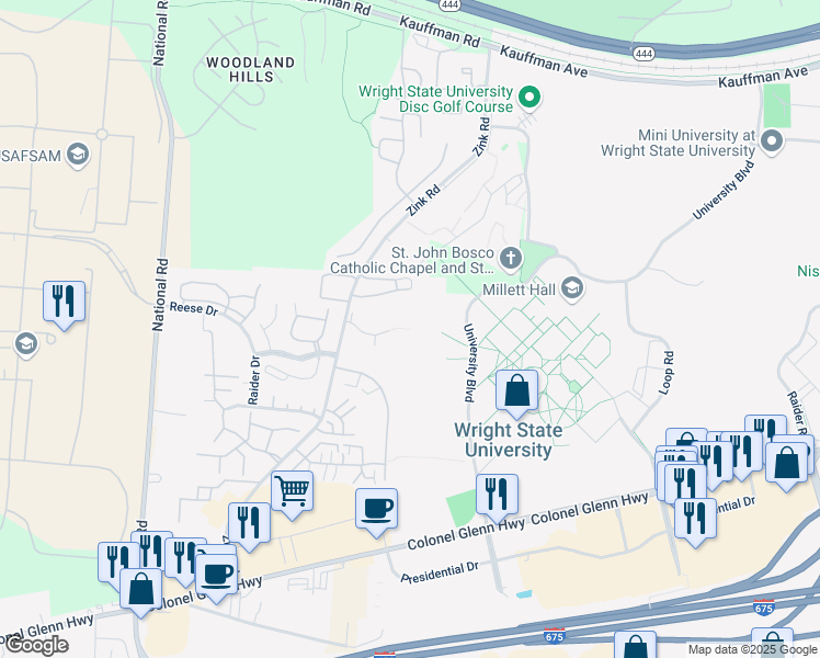 map of restaurants, bars, coffee shops, grocery stores, and more near 1232 Forest Lane in Fairborn