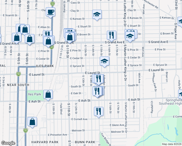 map of restaurants, bars, coffee shops, grocery stores, and more near 1800 South 14th Street in Springfield