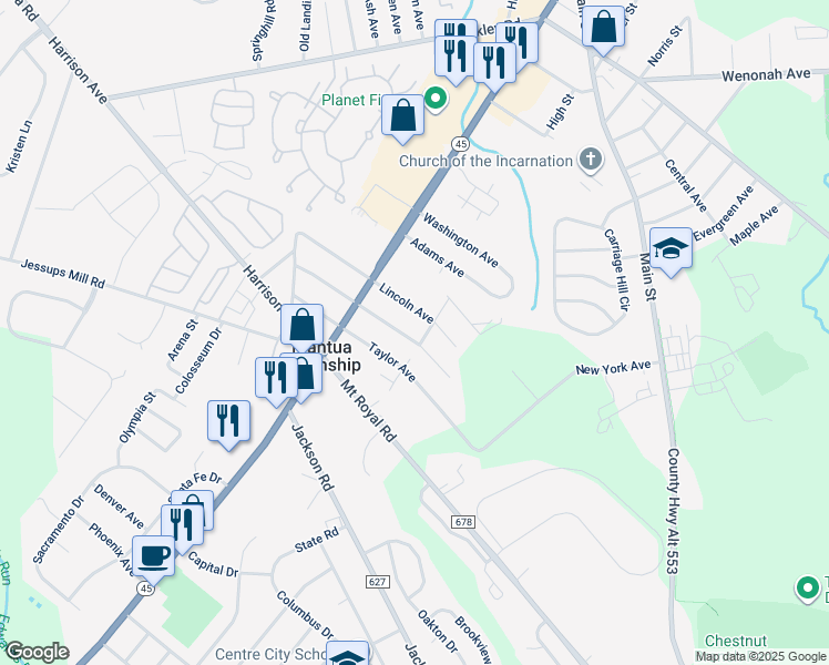 map of restaurants, bars, coffee shops, grocery stores, and more near 119 Monroe Avenue in Mantua Township