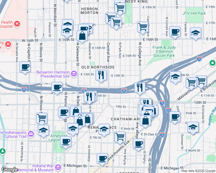 map of restaurants, bars, coffee shops, grocery stores, and more near 1200 Central Avenue in Indianapolis