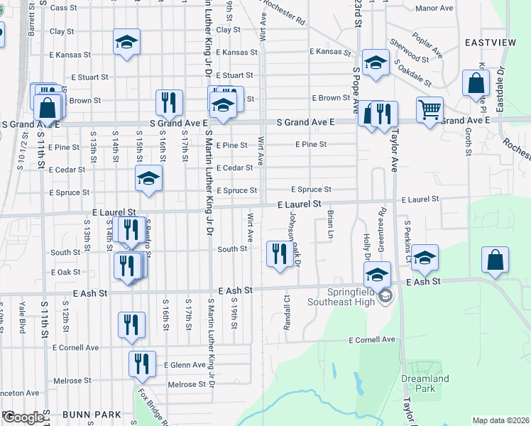 map of restaurants, bars, coffee shops, grocery stores, and more near 1808 Wirt Avenue in Springfield