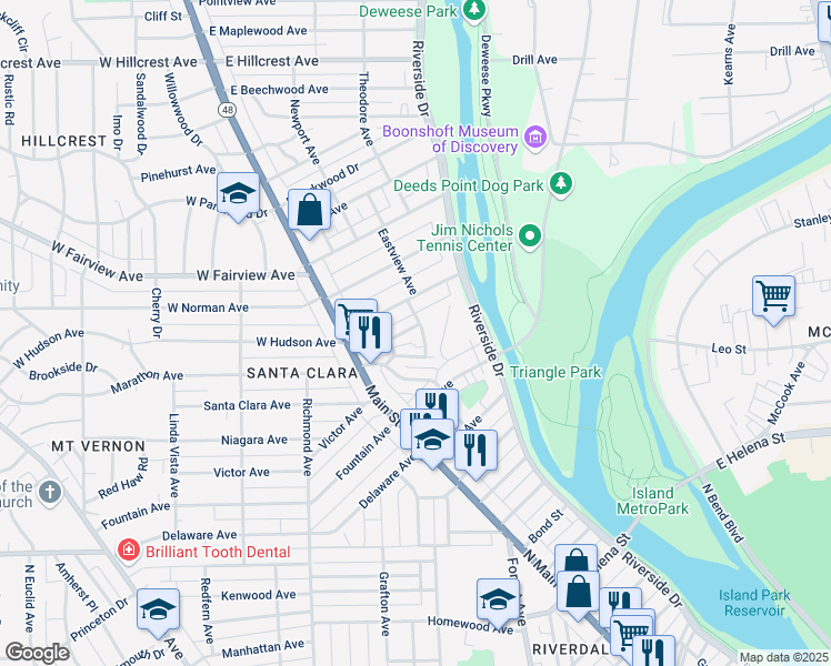 map of restaurants, bars, coffee shops, grocery stores, and more near 110 East Elmwood Avenue in Dayton