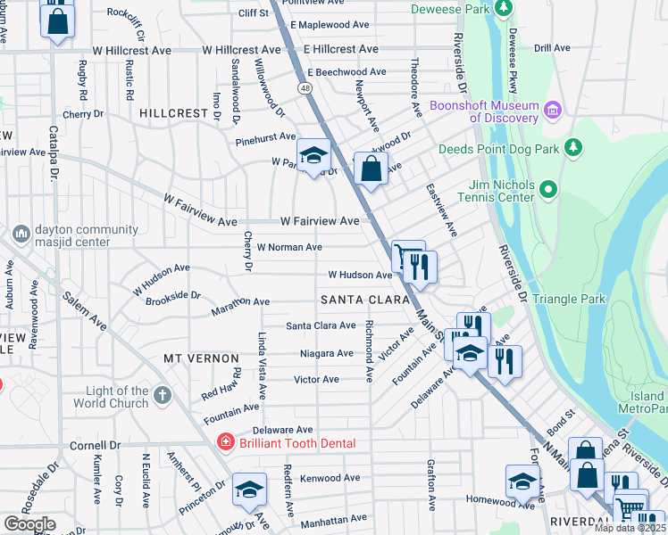 map of restaurants, bars, coffee shops, grocery stores, and more near 55 West Hudson Avenue in Dayton