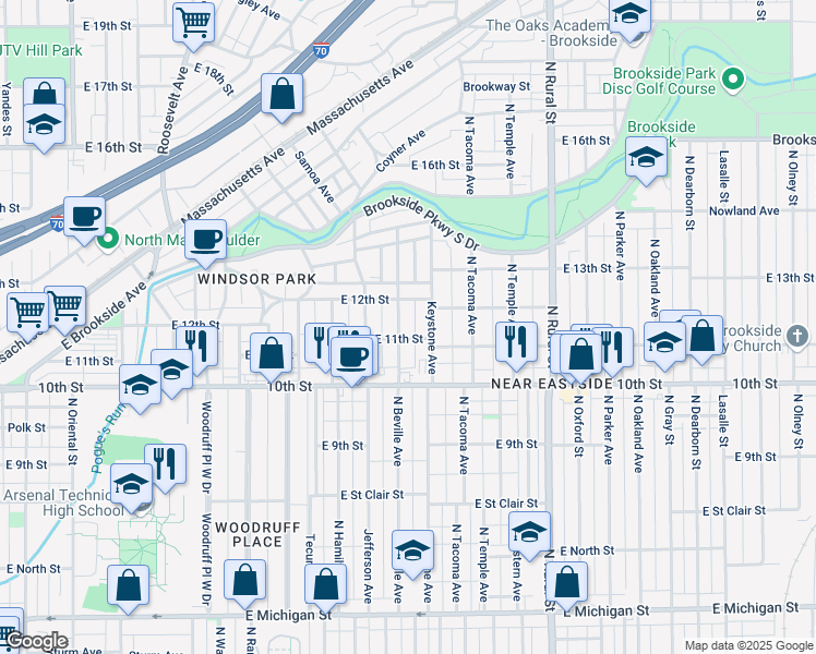 map of restaurants, bars, coffee shops, grocery stores, and more near 1115 North Beville Avenue in Indianapolis