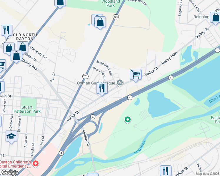 map of restaurants, bars, coffee shops, grocery stores, and more near 1449 Valley Street in Dayton