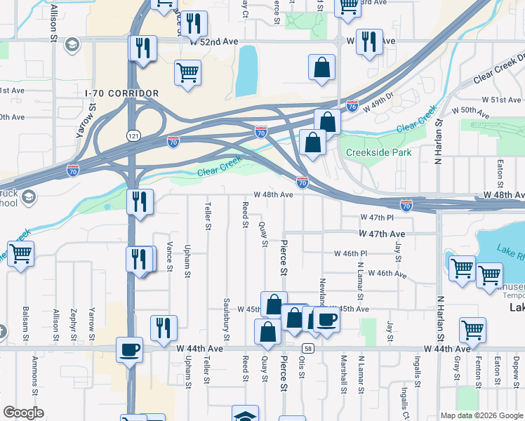map of restaurants, bars, coffee shops, grocery stores, and more near 6914 West 48th Avenue in Wheat Ridge