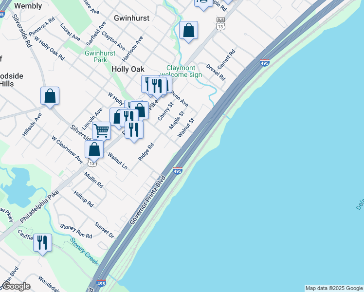 map of restaurants, bars, coffee shops, grocery stores, and more near 303 East Holly Oak Road in Wilmington
