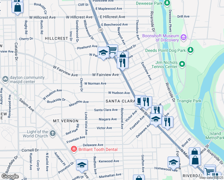 map of restaurants, bars, coffee shops, grocery stores, and more near 55 West Hudson Avenue in Dayton